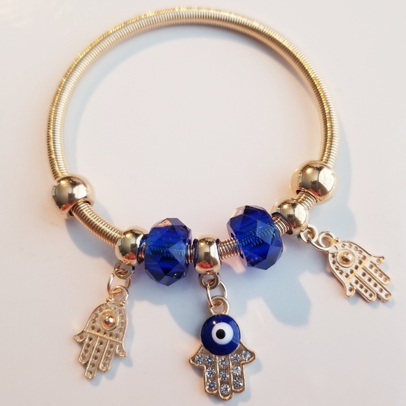 Hamsa Hand Evil Eye Charm Blue Gold Bracelet New - Picture 7 of 8